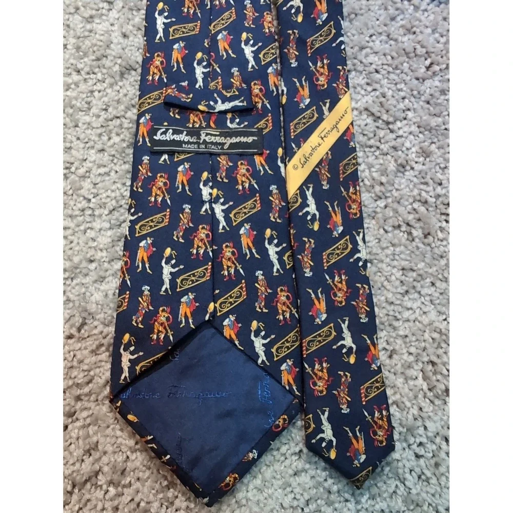 Salvatore Ferragamo Silk‎ Necktie Mens Harlequin Figures Blue Made in Italy